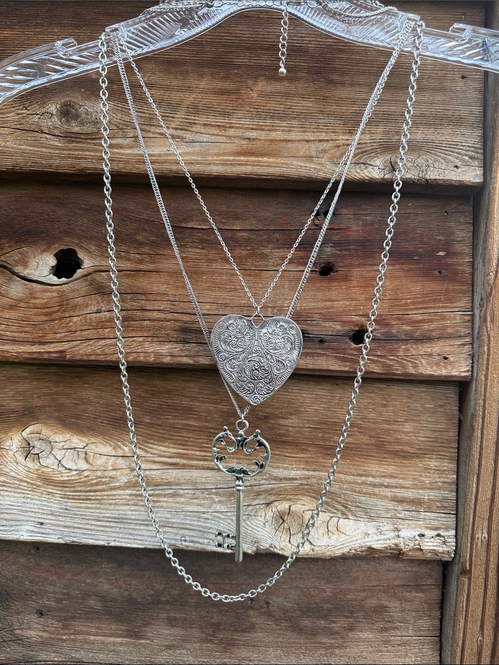3 chain necklace heart key chain silver tone